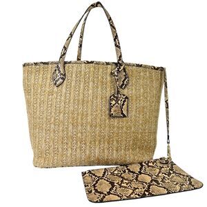 Steve Madden Tote Natural Tan Woven Straw Snakeskin Trim Bonus Pouch